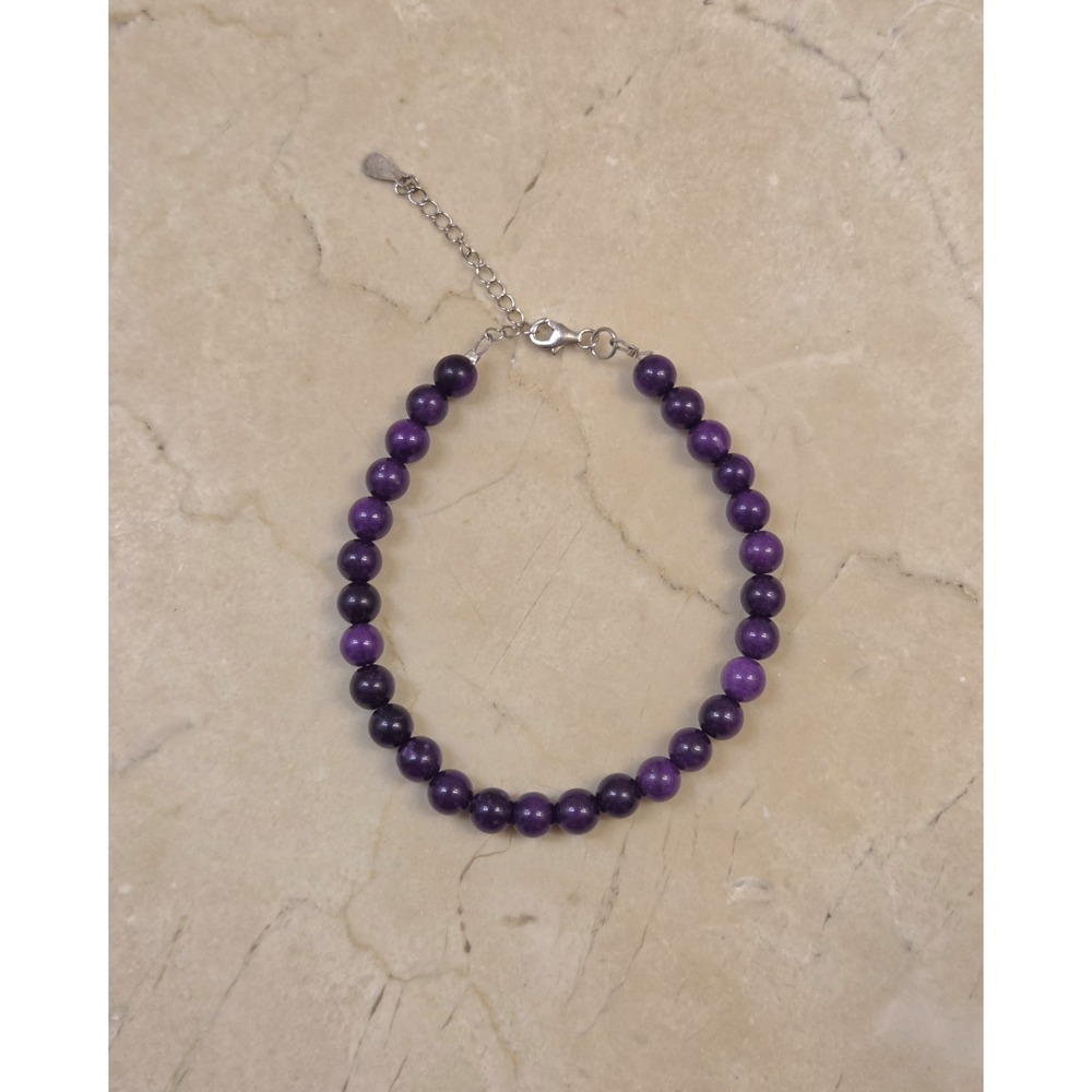 Unique Sterling Silver & Deep Purple Stone Bead Bracelet 7.5-9"